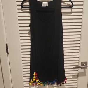 Colorful Pom-Pom Trim Black Dress